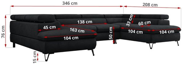 Mks Möbel 'Peter U' Wohnlandschaft mit Bettkasten, Bettfunktion & einstellbaren Kopfstützen, Schwarz, Mikrofaser, mit Topper Bild 8