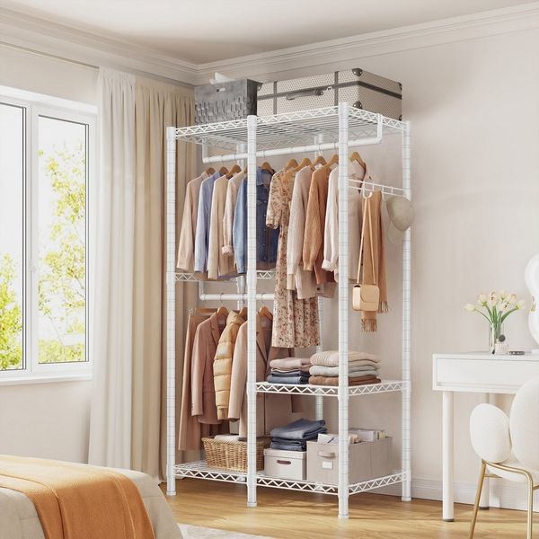 Klyvvo Kleiderständer Offener Kleiderschrank, Garderobenständer aus Metall, (1 St), mit 3 höhenverstellbaren Regalböden, 2 Kleiderstangen, 4 Haken