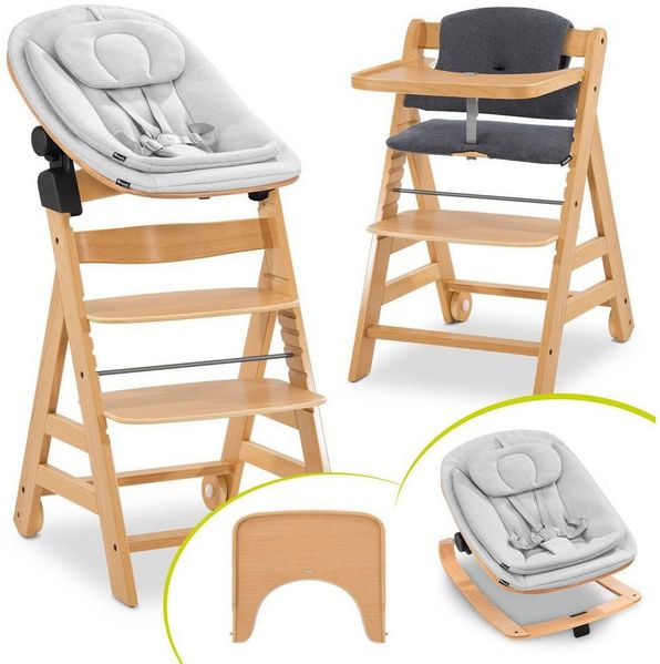 Hauck Hochstuhl Alpha Move Natur - Light Grey / Charcoal, Holz Babystuhl ab Geburt mit Neugeborenensufsatz, Sitzkissen, Essbrett
