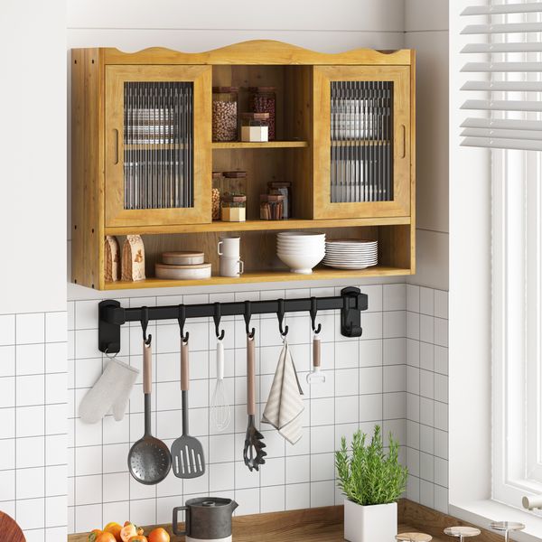 Wandschrank aus Massivholz mit Schiebetüren, Wandregal mit Stauraum,Aufbewahrungsschrank mit herausnehmbaren Böden,Natur