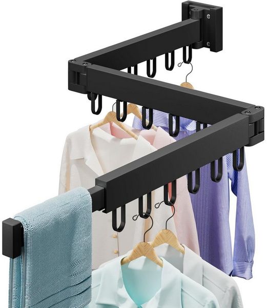 OSTWOLKE Wandwäschetrockner Wäscheständer Wandmontage Klappbar Ausziehbar 120cm, mit 18 Haken, für Balkon, Wäsche, Badezimmer
