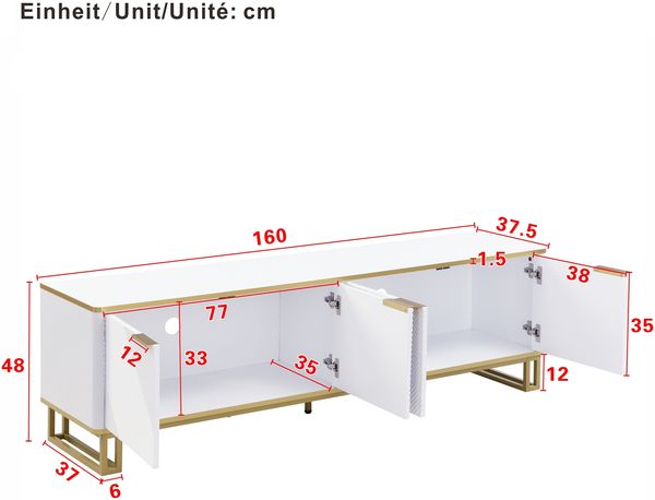 TV-Schrank mit vier Türen, TV-Ständer, TV-Paneel, niedriger TV-Ständer. Einzigartiges Design, geometrische Textur. 160 x 37,5 x 48 cm (L x B x H) Bild 4
