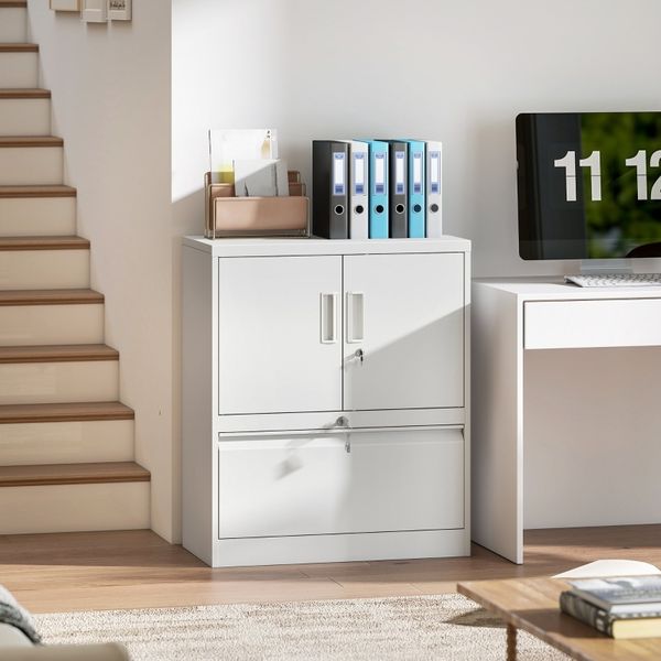 Aktenschrank aus Stahl mit 2 Türen, abschließbar, mit Schublade & verstellbarem Regal, 80×40×95, Weiß