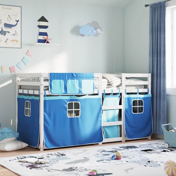 vidaXL Etagenbett mit Vorhängen Blau 90x200 cm Massivholz Kiefer 3283896