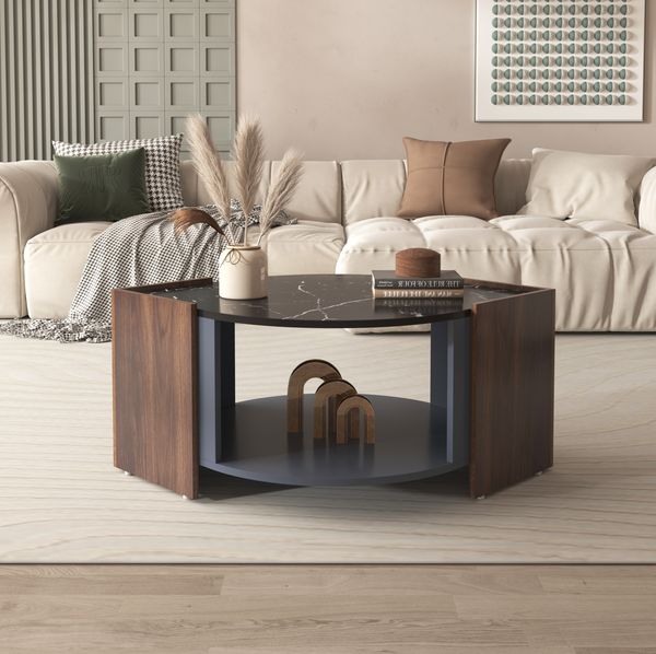 Couchtisch 96,5x63x40 cm in Schwarz/Walnuss mit strukturiertem Marmor-Design