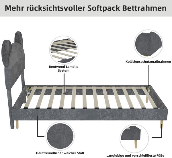 Kinderbett 90x200 cm gepolstert mit Cartoon-Kopfteil, pneumatische Unterbett-Aufbewahrung, grau, Stoff/Metall Bild 7
