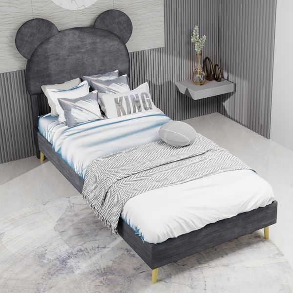 Kinderbett 90x200 cm gepolstert mit Cartoon-Kopfteil, pneumatische Unterbett-Aufbewahrung, grau, Stoff/Metall