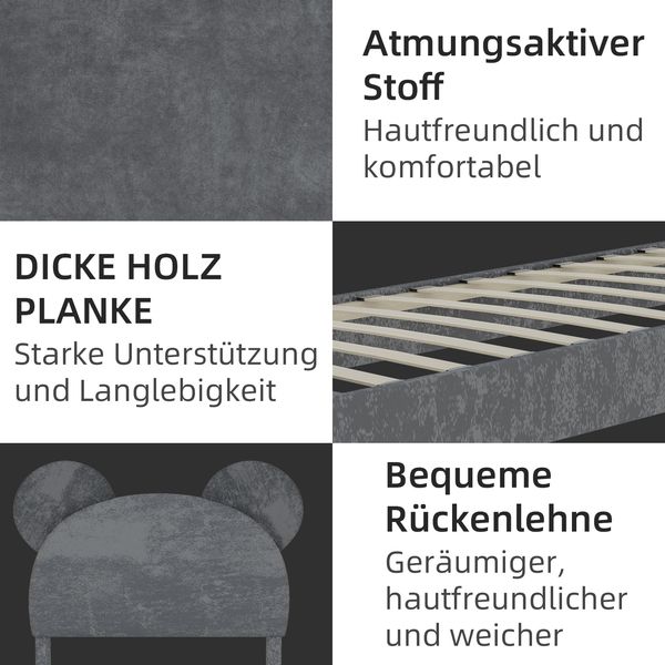 Kinderbett 90x200 cm gepolstert mit Cartoon-Kopfteil, pneumatische Unterbett-Aufbewahrung, grau, Stoff/Metall Bild 5