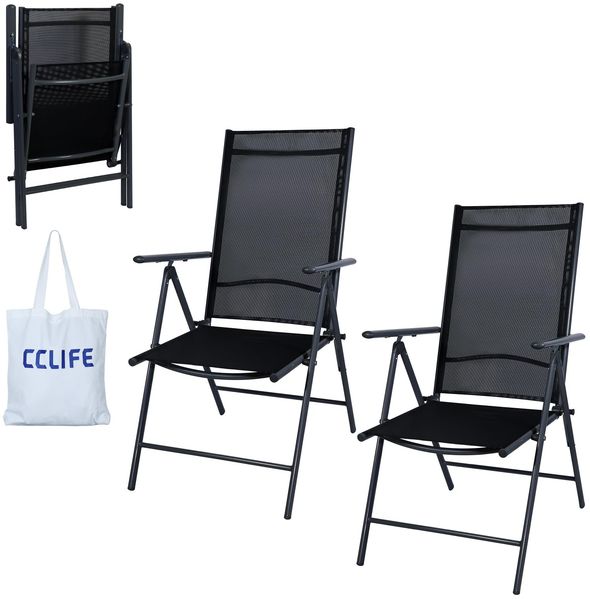 CCLIFE Gartenstühle 2er Set mit Marken-Canvas-Einkaufstasche,Gartenstuhl Hochlehner Klappbar, Balkonstühle 7-Fach Verstellbar bis 150kg Dunkelgrau