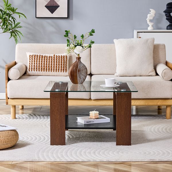Couchtisch 65 x 41 x 45,5 cm mit Hartglasplatte, Ablage aus MDF und Walnussoptik