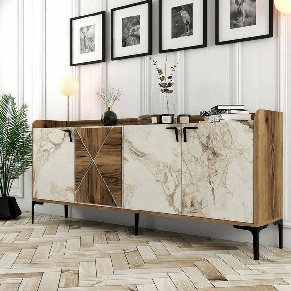 Dmora - Konsolentisch Deneb, Wohnzimmer-Sideboard, niedriger TV-Schrank, ausgestatteter Wandsockel, 180x35 h78 cm, Walnuss und weißer Marmor