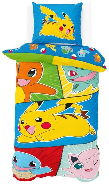 MTOnlinehandel Kinderbettwäsche Pokemon "Dream Team" weiche Microfaser, 135x200 cm + 80x80 cm, Microfaser, 2 teilig, Wendebettwäsche für Mädchen und Jungen, Gaming, Pikachu