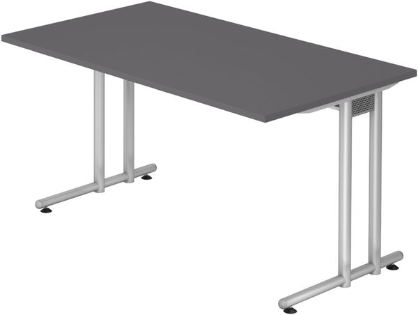bümö Schreibtisch N-Serie 140x80 cm, Tischplatte aus Holz in graphit, Gestell aus Metall in Silber - PC Tisch, Computertisch für's Büro, Office Bürotisch, NS-14-G-S