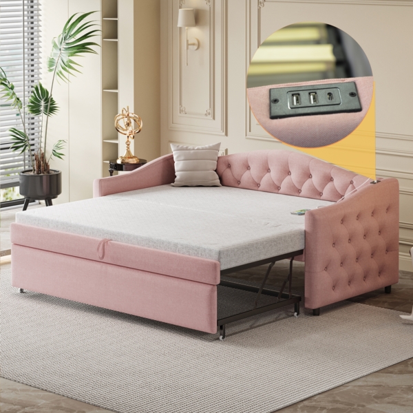 Merax Polsterbett Ausziehbares Schlafsofa, 90*200 cm, Mit USB-Anschluss, Klassische Form mit Knöpfen mit Lattenrost, Multifunktionsbett - Gästebett, Leinenstoff, Rosa