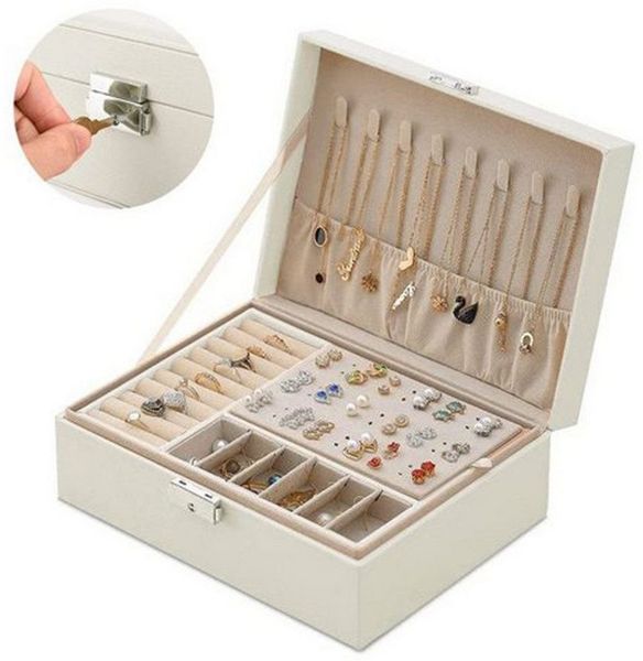FOUORTUNATE-BEE Schmuckkasten 2-schichtiger Schmuckkasten mit Schloss, 2-lagige Leder-Schmuckbox mit Schloss, abnehmbare Fächer