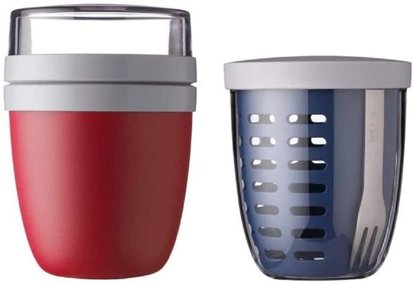 Mepal | Lunchpot Ellipse Mixed | Nordic Black + Vivid Green | Müslibecher to go | Unterteilung für Joghurt & Müsli | 500 ml + 200 ml | Geeignet für Gefrierschrank, Mikrowelle & Spülmaschine
