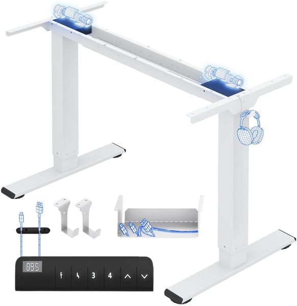 FLEXISPOT Höhenverstellbarer Schreibtisch Gestell, Elektrisch Tischbeine mit 2 Motoren & LED-Höhenanzeige & 4 Speicherfunktionen, inkl. 2 Haken & Kabelmanagement, Weiß
