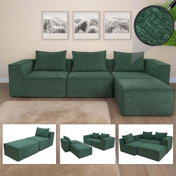 L-Sofa HWC-O54, Lounge-Couch mit Ottomane, erweiterbar modular rechts/links, Stoff/Textil 63x270x190cm ~ grün