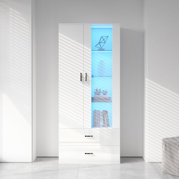 Vitrine mit LED-Beleuchtung, 59,5x35x182cm, Weiß, 5 Fächer, 2 Türen und 2 Schubladen