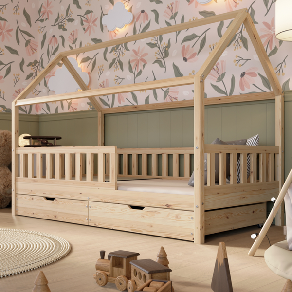 Crazy Pine 'Crazy Blanco' Hausbett mit Rausfallschutz, Skandinavisches Design, Naturholz, Natur, 90x190 cm, mit Schubladen