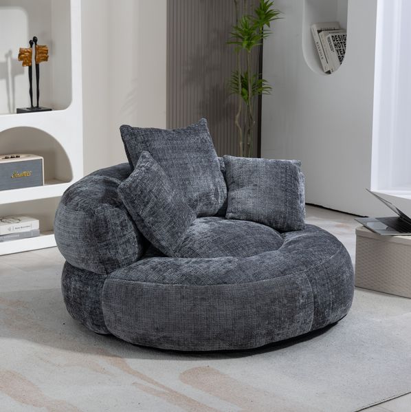 Lazy Sofa Lounger mit 3 Kissen, 108x108x52 cm, Grau Chenille, hohe Rückenlehne, Indoor/Outdoor