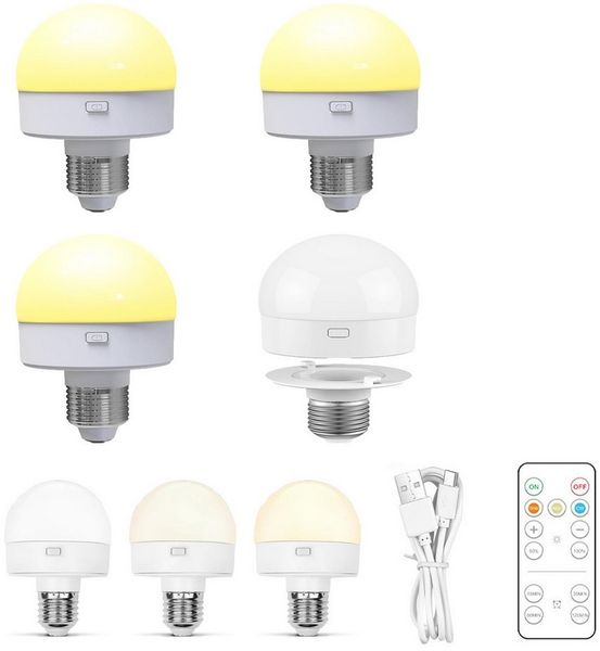 MUPOO LED Nachtlicht LED Glühbirne USB Dimmbar, Schranklicht E27 Akku Aufladbar Batterie, 3 Farben, LED fest integriert, Fernbedienung mit Wiederaufladbare & Timing