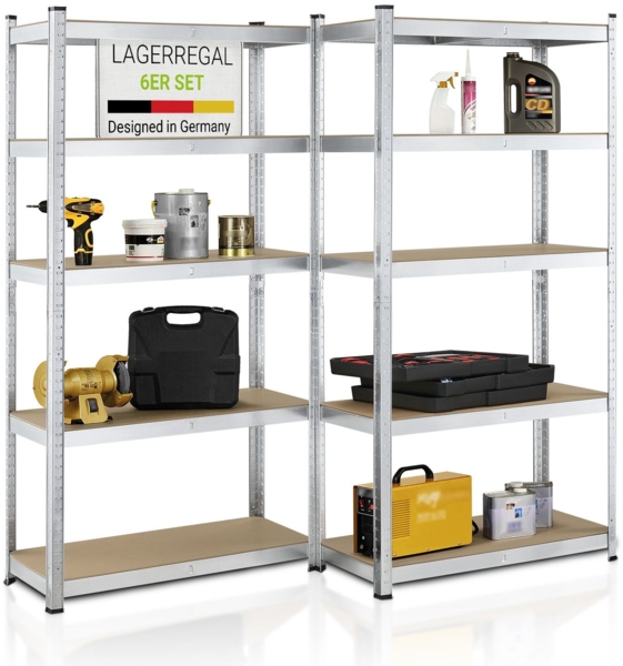 Juskys Lagerregal Basic 6er Set 180x90x40 cm – 6 Schwerlastregale mit 30 Böden – max. 5250 kg - Metall verzinkt - Regale Kellerregal Metallregal