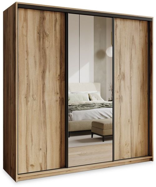 Masseno Schwebetürenschrank TAVI 180 cm Kleiderschrank mit Spiegel 3 Türen Eiche Wotan