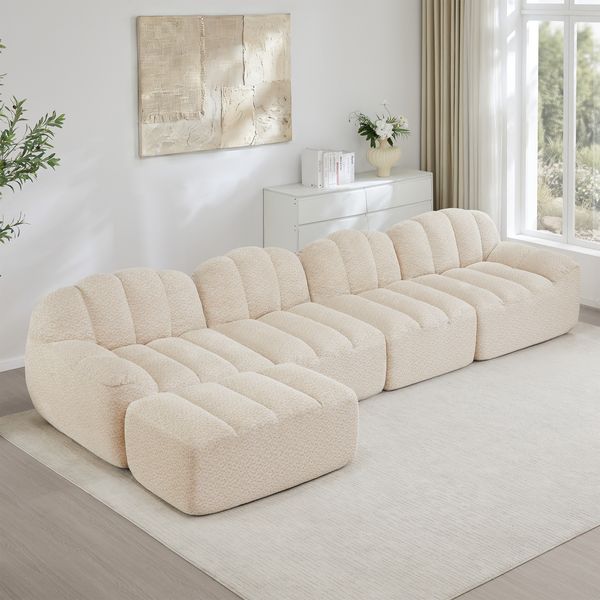 4-Sitzer Wohnlandschaft H 79 x T 366 x B 165 cm aus granulierter Fleece mit Ottoman, modular, frameless, Beige-Weiß