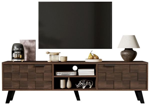 KLAM HOME Lowboard Modernes Lowboard In Dunkler Holzmaserung Mit 2 Türen (160,5cm TV Schrank Mit Dämpfungsscharnieren Und Offenen Fächern), Saugroboterfreundliches TV Möbel Mit Großer Stauraum