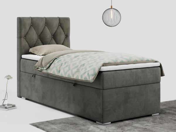 Boxspringbett ALDA, Einzelbett mit gestepptem Kopfteil und einem Bettkasten, 90x200 - Dunkelgrau Velours - links - H4