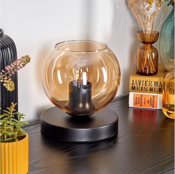 hofstein Tischleuchte Tischlampe aus Metall/Glas in Schwarz/Bernsteinfarben, ohne Leuchtmittel, Leuchte im Retro/Vintage-Design, (15 cm), Schalter am Kabel, E27