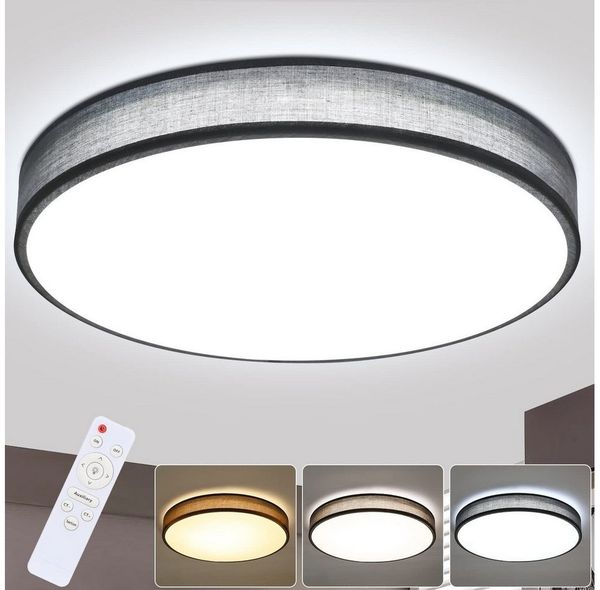 ZMH LED Deckenleuchte 38CM Rund Modern Stoff Dimmbar mit Fernbedienung für Wohnzimmer, LED fest integriert, 3000-6500k, 38W Grau Schlafzimmerlampe x Schlafzimmer Flur