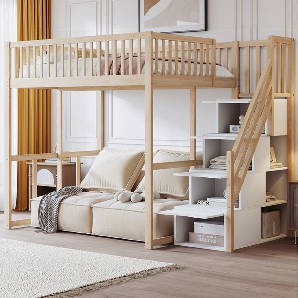 REDOM Kinderbett mit großem Kleiderschrank Regal und Tisch (Hochbett 1400x200 cm mit sicherer Aufbewahrungstreppe, stabilem Kiefernholzrahmen für Kinder & Jugendliche – Platzsparend, mit unterem Stauraum für Spielecke & Lernbereich – Ideales Kinderzimm...