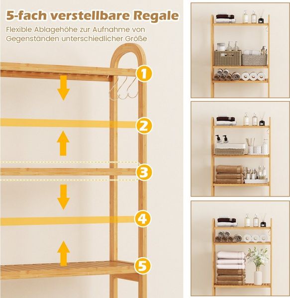 COSTWAY Badregal, 3-stufiger Toilettenregal aus Bambus, mit 3 Haken