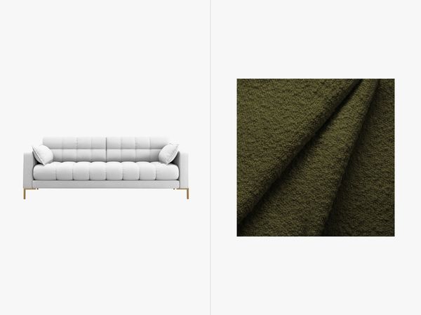 Micadoni Sofa Mamaia 3-Sitzer Boucle Baloo Dunkel-Olivgrün goldene Beine