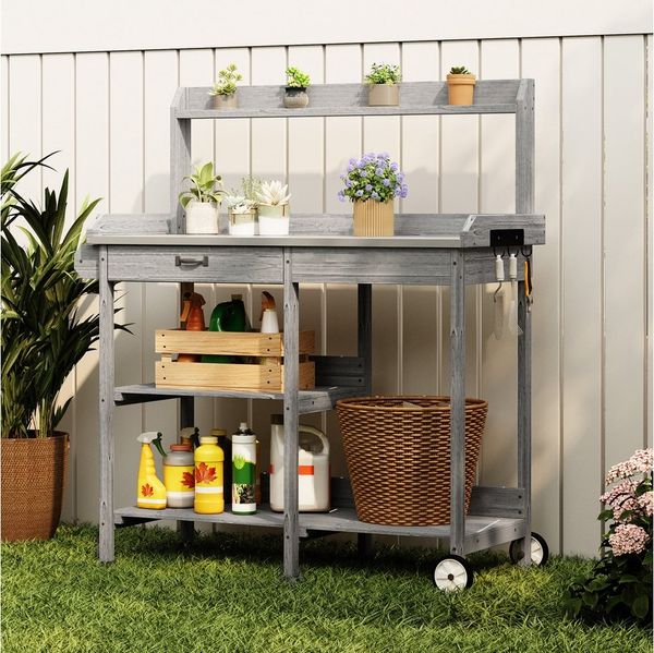 Bealife Garten-Geräteschrank Pflanztisch, Gärtnertisch, Pflanzenregal Mit Rollen, (Set), mit Schubladen, Ablagefläche und Haken,108 x 43 x 120 cm