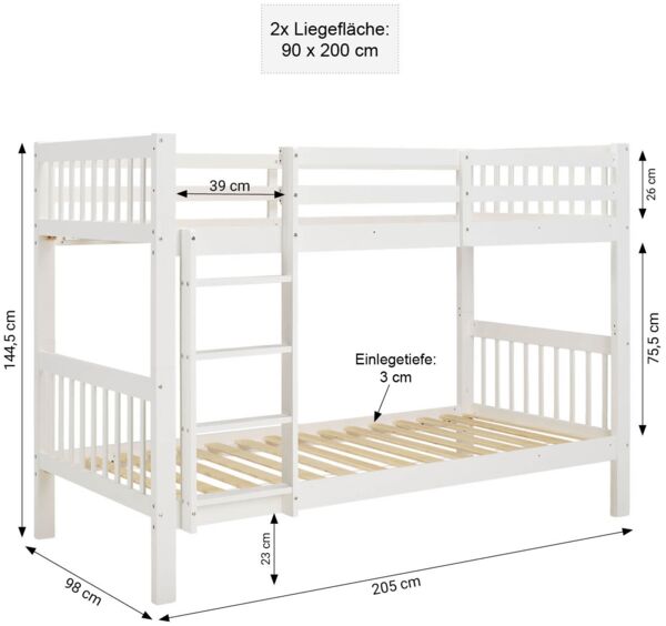 Homestyle4u Etagenbett mit Rausfallschutz, Holz weiß, 90x200 Bild 3