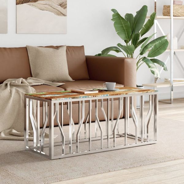 vidaXL Couchtisch Silbern Edelstahl und Altholz Massiv 350056