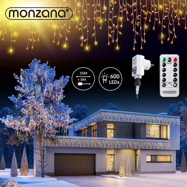Monzana Lichterkette 20m 600 LED Warmweiß Innen & Außen Fernbedienung Regenlichterkette Weihnachten Deko Regen