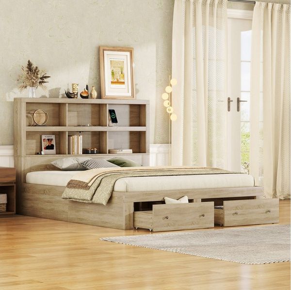 SOFTWEARY Massivholzbett mit Lattenrost und Schubladen (160x200 cm), Kopfteil mit Regal und USB-Anschlüssen, Doppelbett