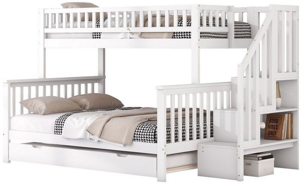 Odikalo Kinderbett Etagenbett mit Rollbett und Treppe, weiß, 90x200cm + 140x200cm