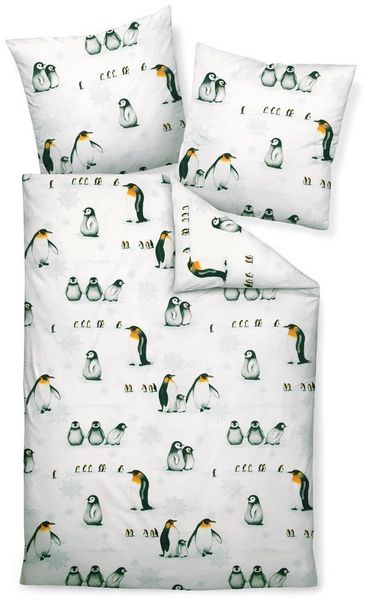 Janine Bettwäsche Edel Baumwolle, Flanell, 2 teilig, Pinguine, eisblau
