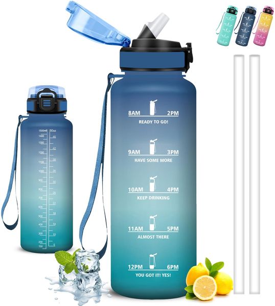 Grsta Trinkflasche- 1 5 liter- Trinkflasche Sport, Flasche mit Strohhalm, Leicht zu Reinigen, Wasserflasche Auslaufsicher, Kann mit dir Tragen, Wasserflasche mit Zeitmarkierung, für Wandern, Camping