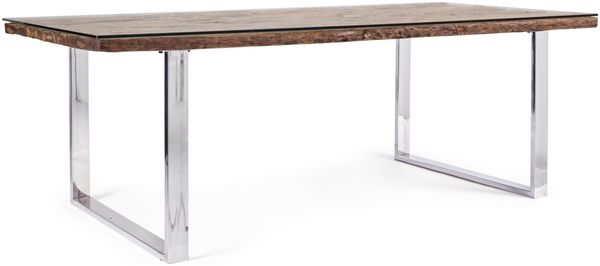 Esstisch Tonsto mit Glasplatte, recyceltes Holz und Metall, modern, natur, 220 cm, für 6–8 Personen