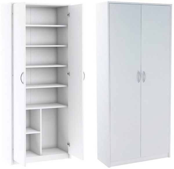 Home Collective Mehrzweckschrank mit 8 Fächern Besenschrank Haushaltsschrank (74 cm breit aus Laminatplatte und hochwertigen Polymergriffen) in mattem Finish mit 6 Einlegeböden und 2 Türen weiß