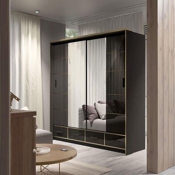 MOEBLO Kleiderschrank SERAPHINE (Schwebetürenschrank Gaderobe Schiebtüren Schlafzimmer - Modern Design, mit Spiegel 2-türig Schrank mit vielen Einlegeböden und Kleiderstange) (BxHxT): 203x220x66cm