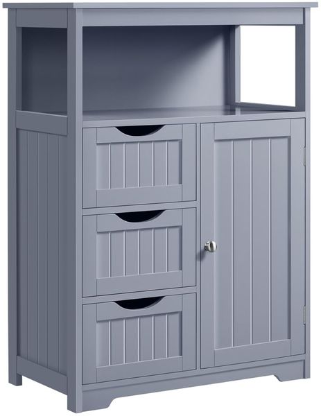 Yaheetech Badezimmerschrank, Hochschrank mit 3 Schubladen und Offenem Regal, Kommode für Badezimmer/Wohnzimmer/Küche, 66 × 35 × 90 cm, Grau