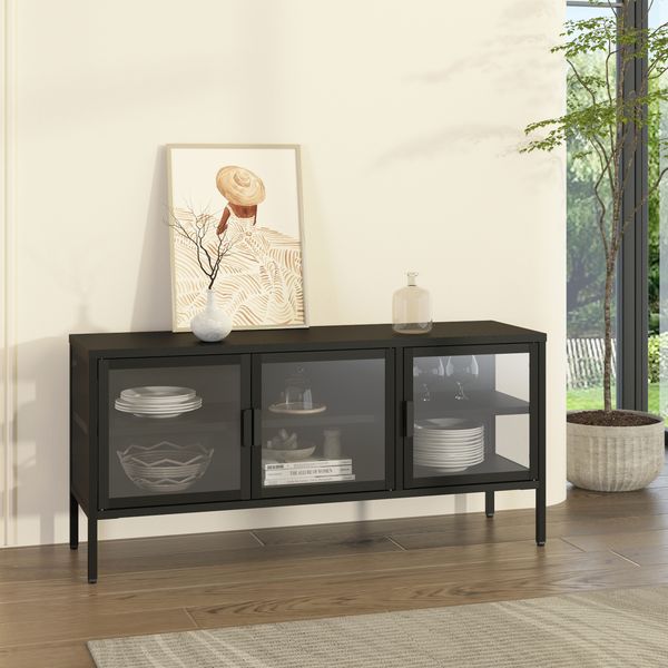 Vitrinen-Sideboard Borshavisa Stahl 3-türig 55x118x35 cm Schwarz [en. casa]