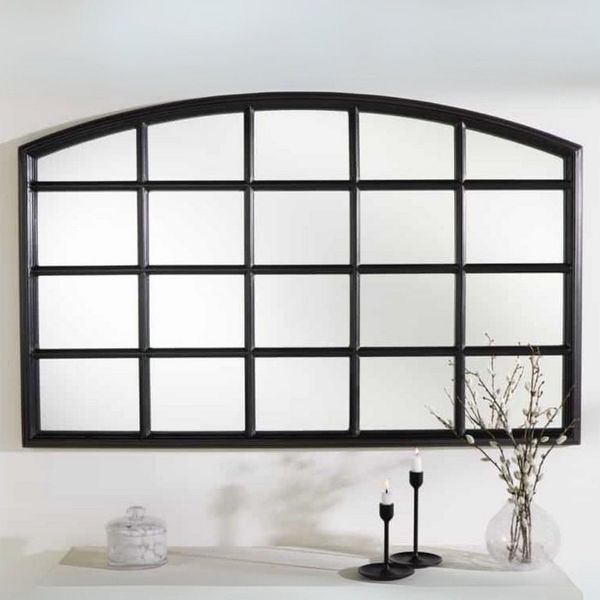 LebensWohnArt Wandspiegel Design Rundbogen-Fenster-Spiegel 120cm schwarz Sprossen Landhaus